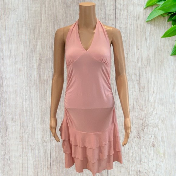 VOLUME ONE -- Halter Dress with Ruffled Skirt, Ties at Neck, Pink, Backless, NWT - Picture 3 of 16